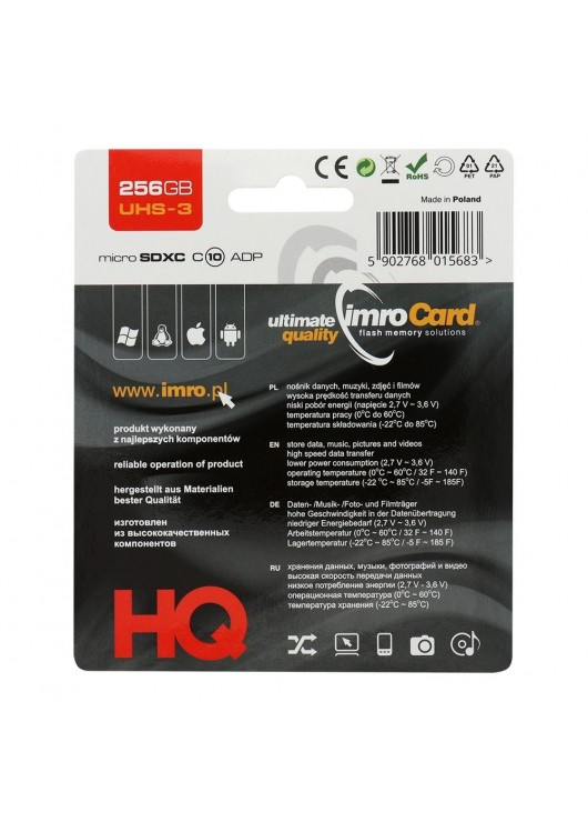 Karta Pamięci IMRO microSD 256GB CLASS 10 UHS 3 100MB/s z adapterem SD Imro Card Czarny