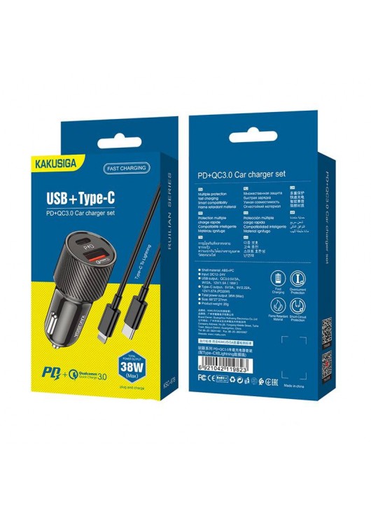 Ładowarka Samochodowa KSC-678 USB typ C PD + USB QC3.0 + Kabel USB-C - Apple Lightning 1m KAKU Czarny