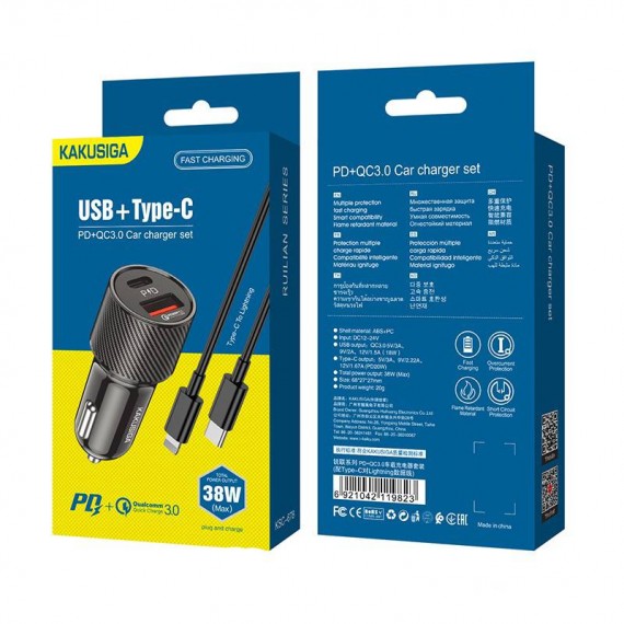 Ładowarka Samochodowa KSC-678 USB typ C PD + USB QC3.0 + Kabel USB-C - Apple Lightning 1m KAKU Czarny