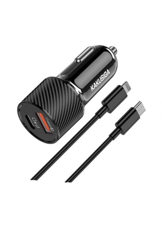 Ładowarka Samochodowa KSC-678 USB typ C PD + USB QC3.0 + Kabel USB-C - Apple Lightning 1m KAKU Czarny