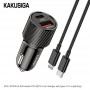 Ładowarka Samochodowa KSC-678 USB typ C PD + USB QC3.0 + Kabel USB-C - Apple Lightning 1m KAKU Czarny