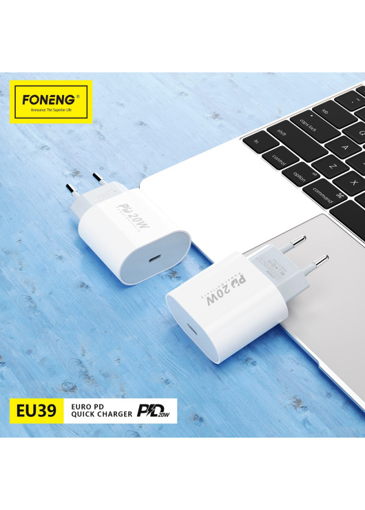 FONENG ładowarka sieciowa EU39 PD 20W 1xUSB-C + kabel USB-C - Lightning Biały Foneng Biały