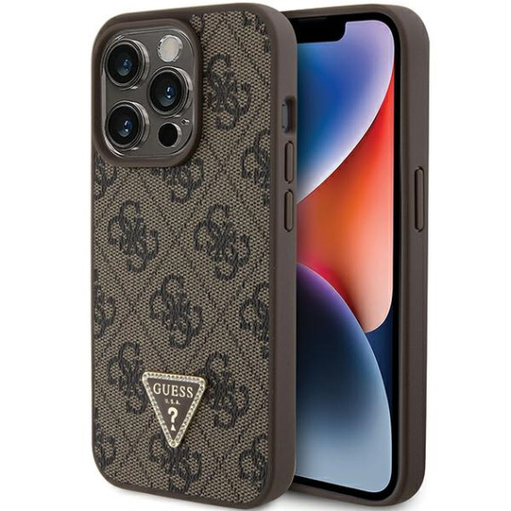 Guess nakładka GUHCP15LP4TDPW brązowa hardcase Leather 4G Triangle Strass Apple Iphone 15 Pro Guess Brązowy