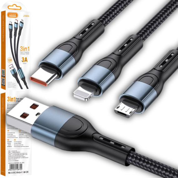 Kabel 3w1 do iPhone Lightning 8-pin + Typ C + Micro JA024 JOKADE Czarny