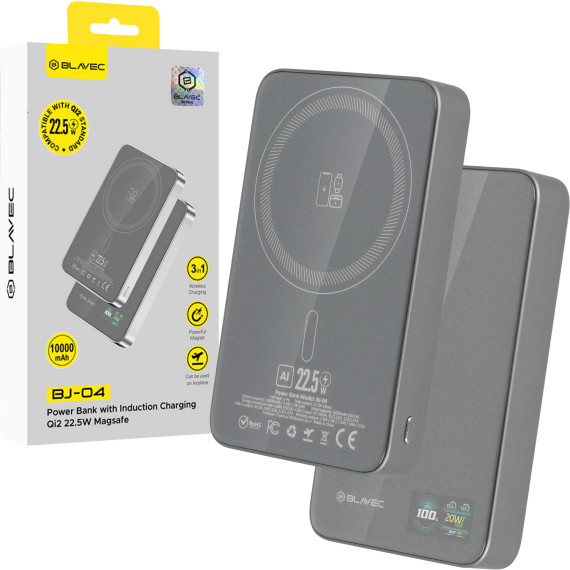 Blavec Power Bank 10000mAh BJ-04 Slim 13,5mm - Typ C - 22,5W magnetyczny indukcyjny Magsafe 3 w 1 (PBBJ04-MC10G) szary szklany
