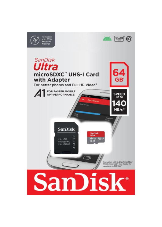 SanDisk karta pamięci Ultra Android microSDXC 64GB 140MB/s A1 Cl.10 UHS-I + adapter Sandisk Czarny