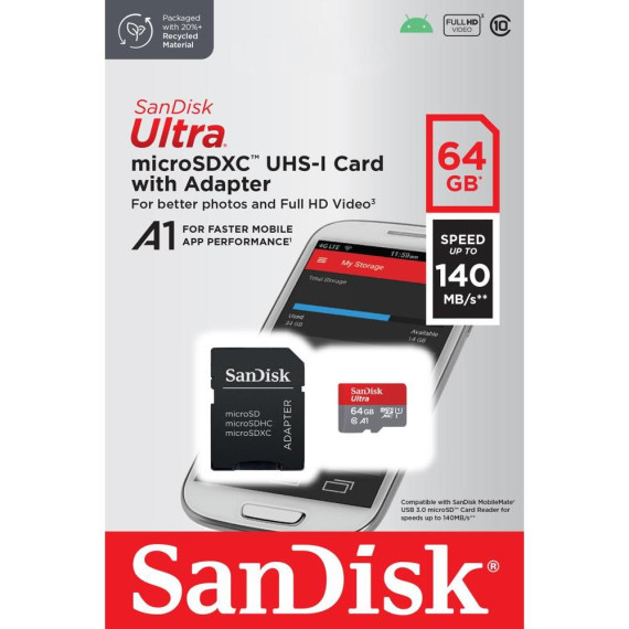 SanDisk karta pamięci Ultra Android microSDXC 64GB 140MB/s A1 Cl.10 UHS-I + adapter Sandisk Czarny